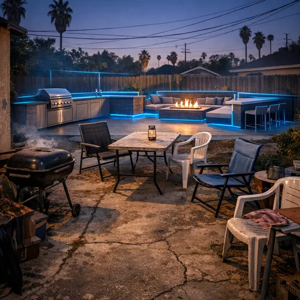 A cluttered backyard in Sherman Oaks with mismatched furniture and no functional outdoor kitchen, showing potential for an outdoor kitchen, BBQ & Fire Pit transformation.