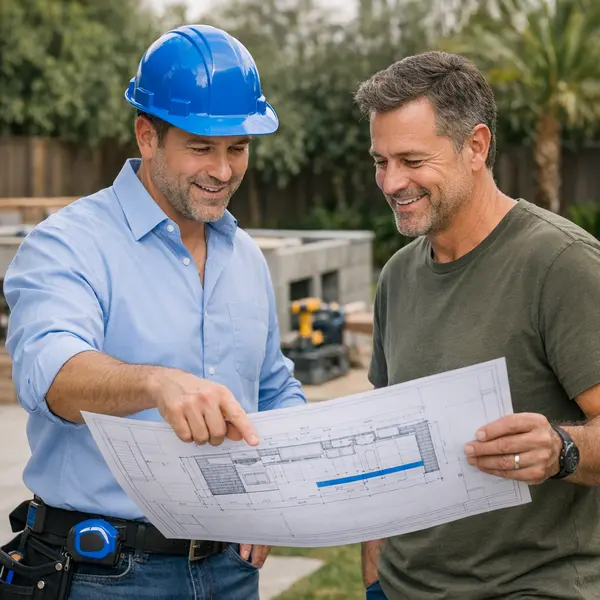 Project manager and homeowner review outdoor kitchen, BBQ & fire pit plans during construction in Sherman Oaks.