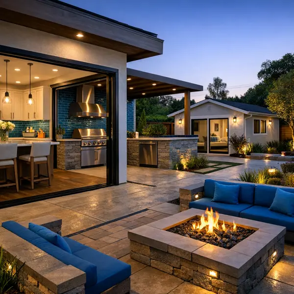 Modern Outdoor Kitchen, BBQ & Fire Pit area designed for seamless indoor–outdoor living in Sherman Oaks