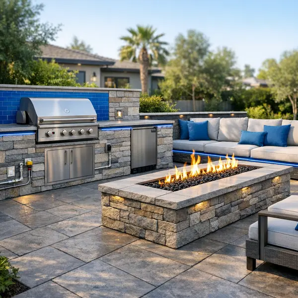 Expertly built outdoor kitchen, BBQ, and fire pit with technical finishes and features in a Sherman Oaks backyard