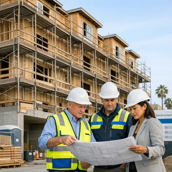 Construction team reviewing blueprints at a multi-unit construction project site in Sherman Oaks with scaffolding and branded safety vests.