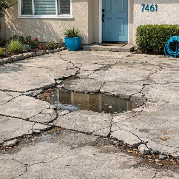 Cracked driveway and uneven patio hardscape needing stamp concrete & pavers in Sherman Oaks.