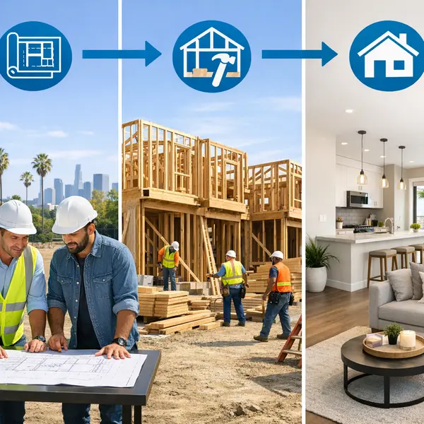 Three-phase flow showing a Multi-Unit construction Project in Sherman Oaks from planning to completion.