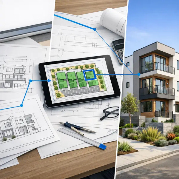 Composite showing stages of a Multi-Unit construction Project: drawings, site plan, and finished building in Sherman Oaks