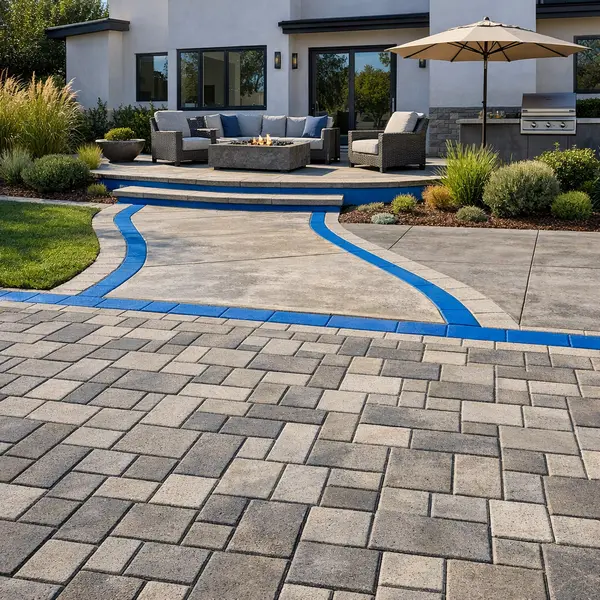Modern Sherman Oaks home with new Stamp Concrete & Pavers driveway, walkway, and patio by Alvapareen Construction