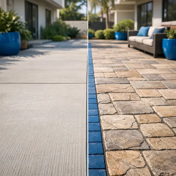 Split-view patio comparison of plain and stamped concrete for Stamp Concrete & Pavers in Sherman Oaks