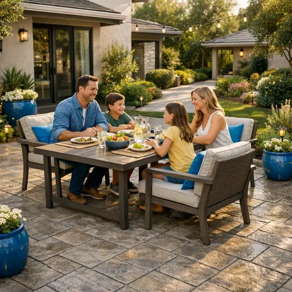 Family enjoying a backyard stamped concrete patio with outdoor dining and greenery in Sherman Oaks