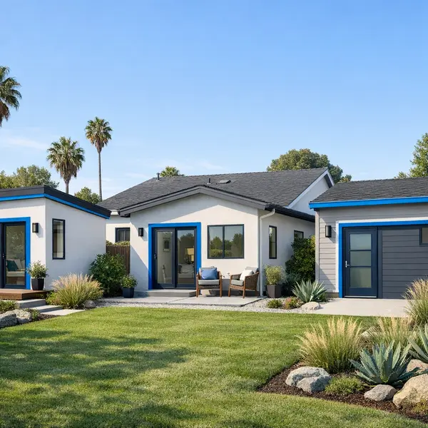 Three modern ADU formats—detached, attached, and garage conversion—meeting essential ADU requirements on a single property
