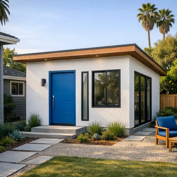 Detached ADU with modern entry and compliant features reflecting ADU requirements beside primary home.