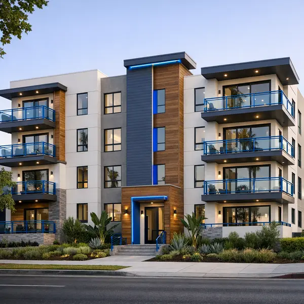 Modern new construction apartments Los Angeles with clean lines, fresh materials, and contemporary curb appeal.