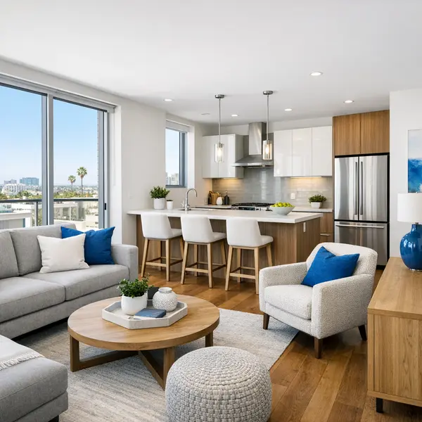 Spacious Los Angeles model unit showing new construction apartments with modern finishes and natural light